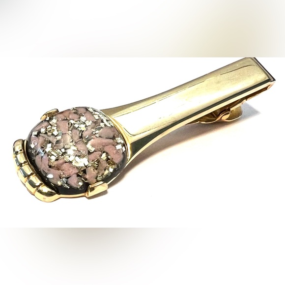 Vintage Retro Gold Tone Signed Anson Bar, Tie Clip Confetti Lucite Gold Flakes - Picture 9 of 9